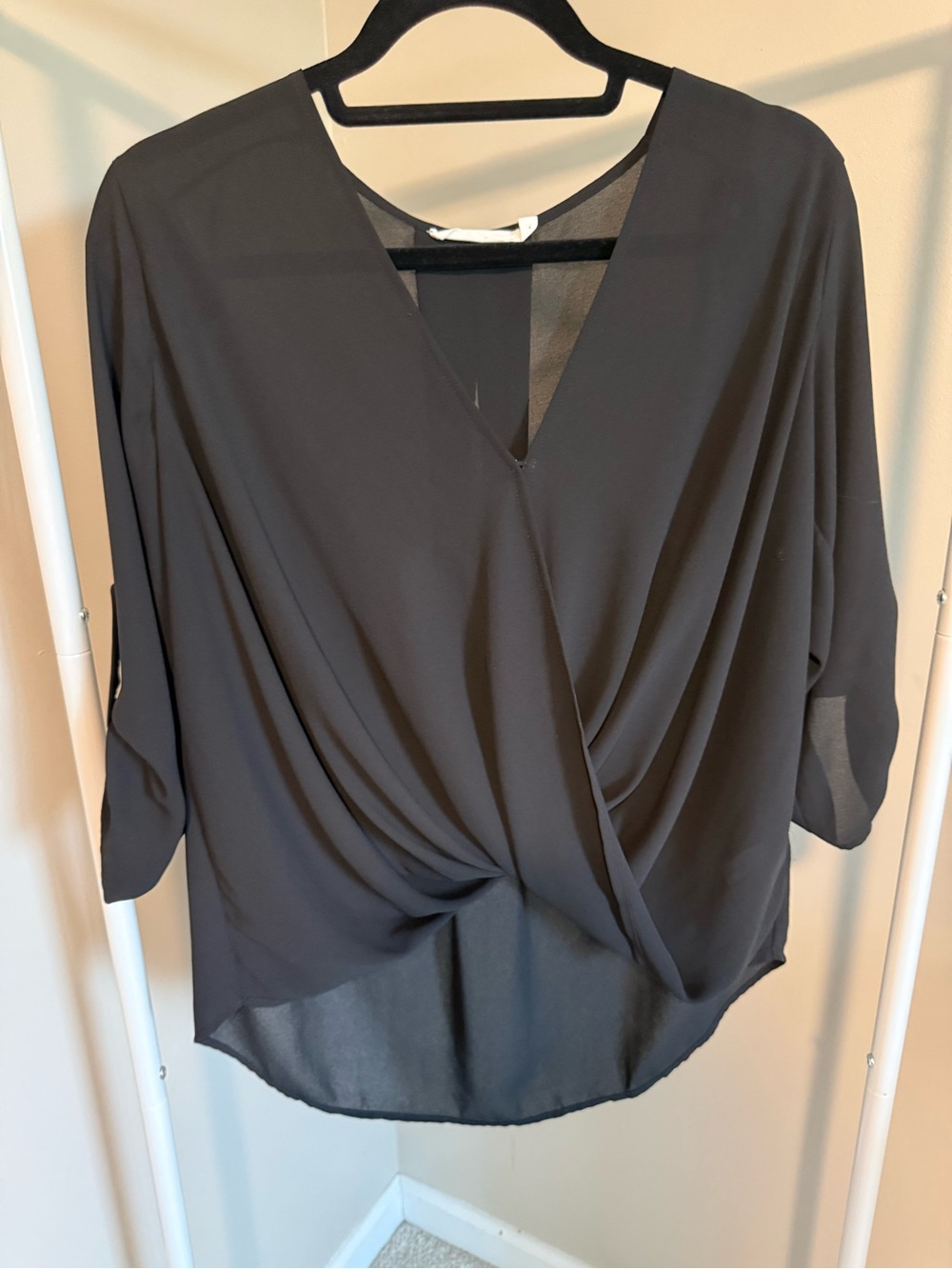 Lush Black Twist-Front Draped Blouse